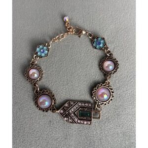 Handmade Bracelet Gold Tone Flowers Art Deco Gem Feminine Elegant 6.5-8" P078